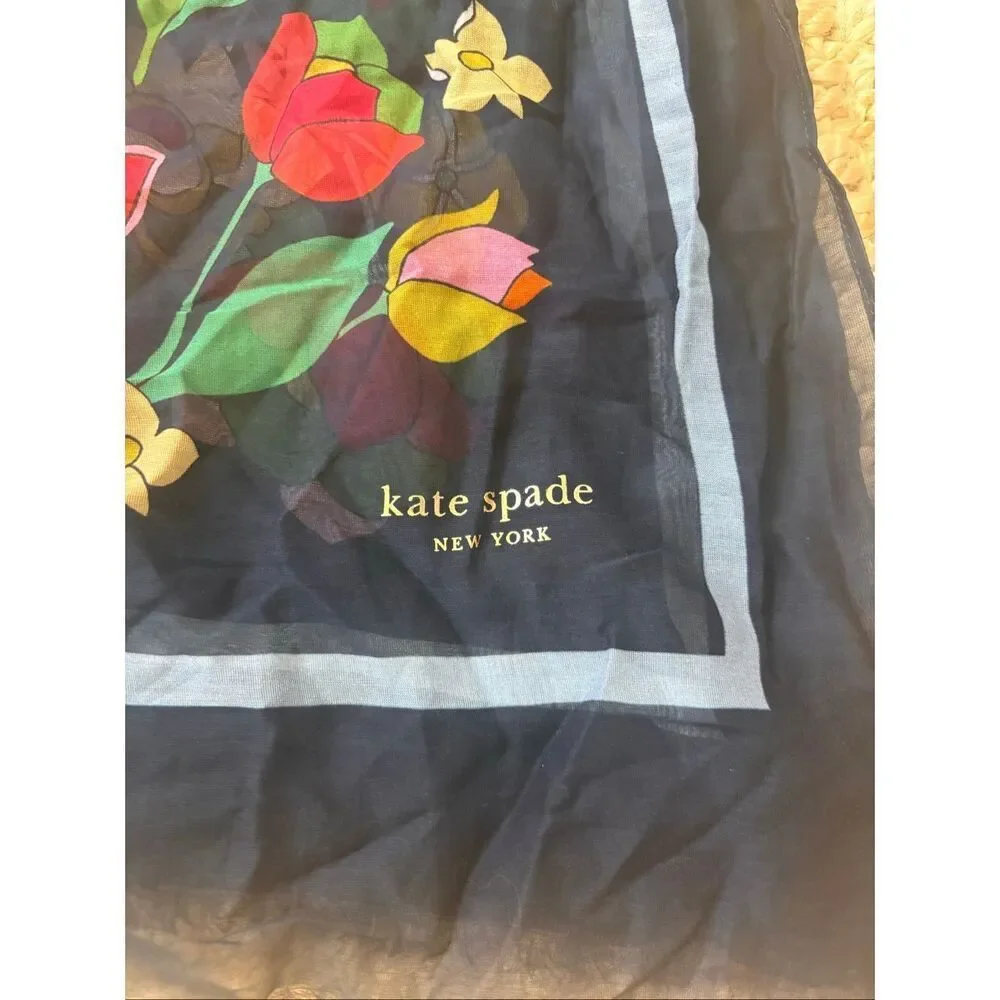 Kate Spade New York Floral Oblong Silk Cotton Scarf | Navy Botanical Garden Wrap